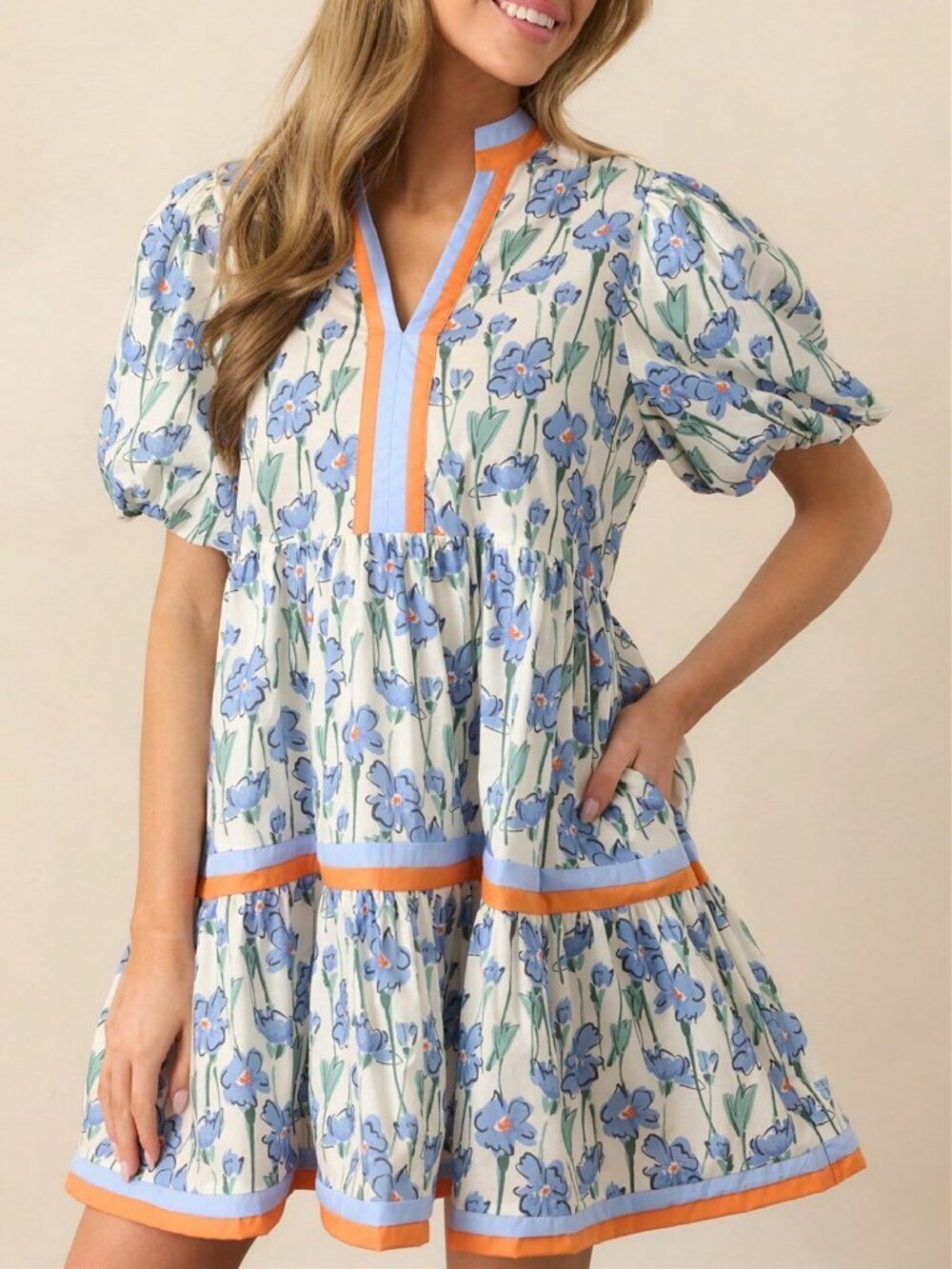Baby Blue Cute Women's V Neck Puff Sleeve Mini Dress - Picture 3 of 4
